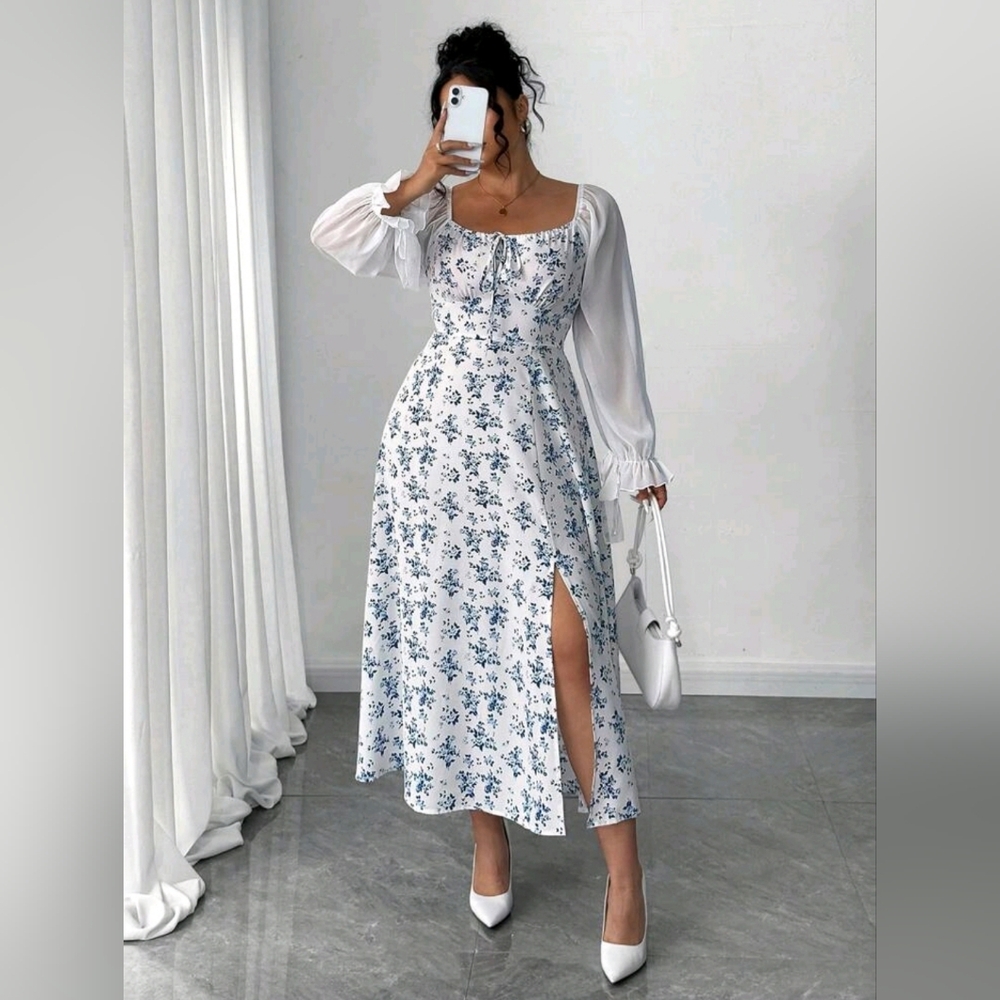 Shein Floral White and Blue Dress